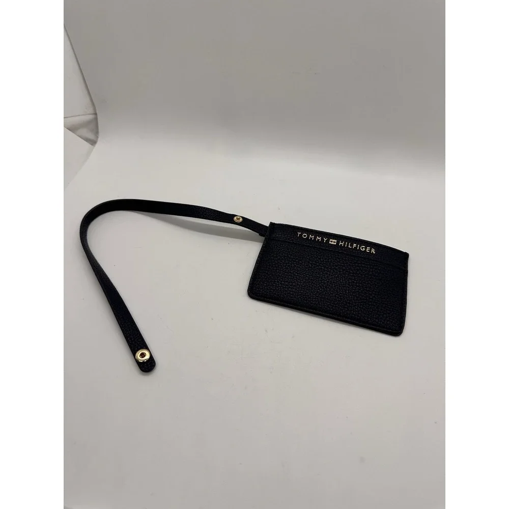 Tommy Hilfiger Black Pebbled Leather Card Holder Wristlet ID Case Keychain Strap
